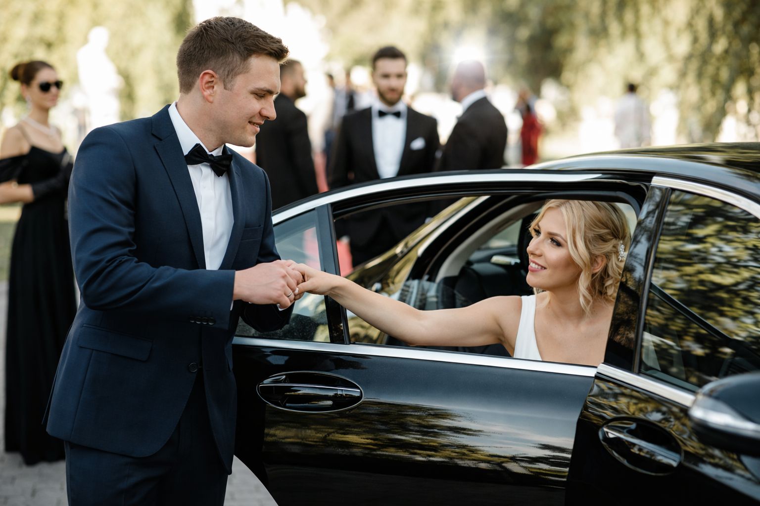 Luxury wedding limo interior with champagne service in Boston