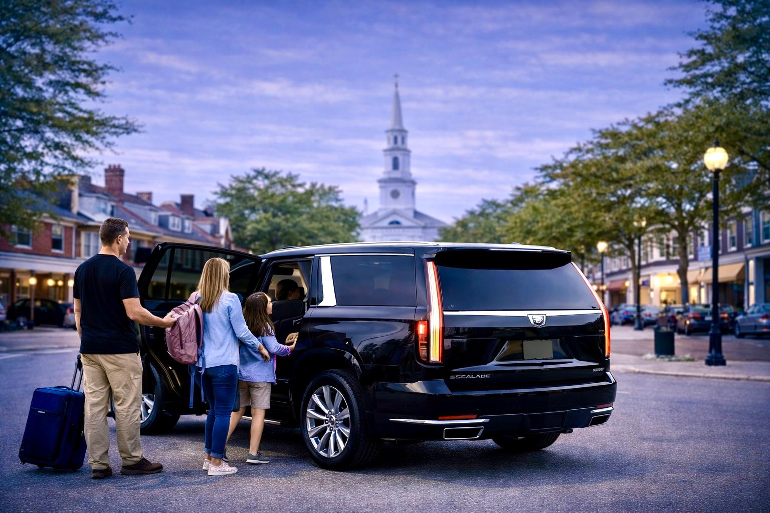 Luxury limo service to Logan Airport with family entering black SUV